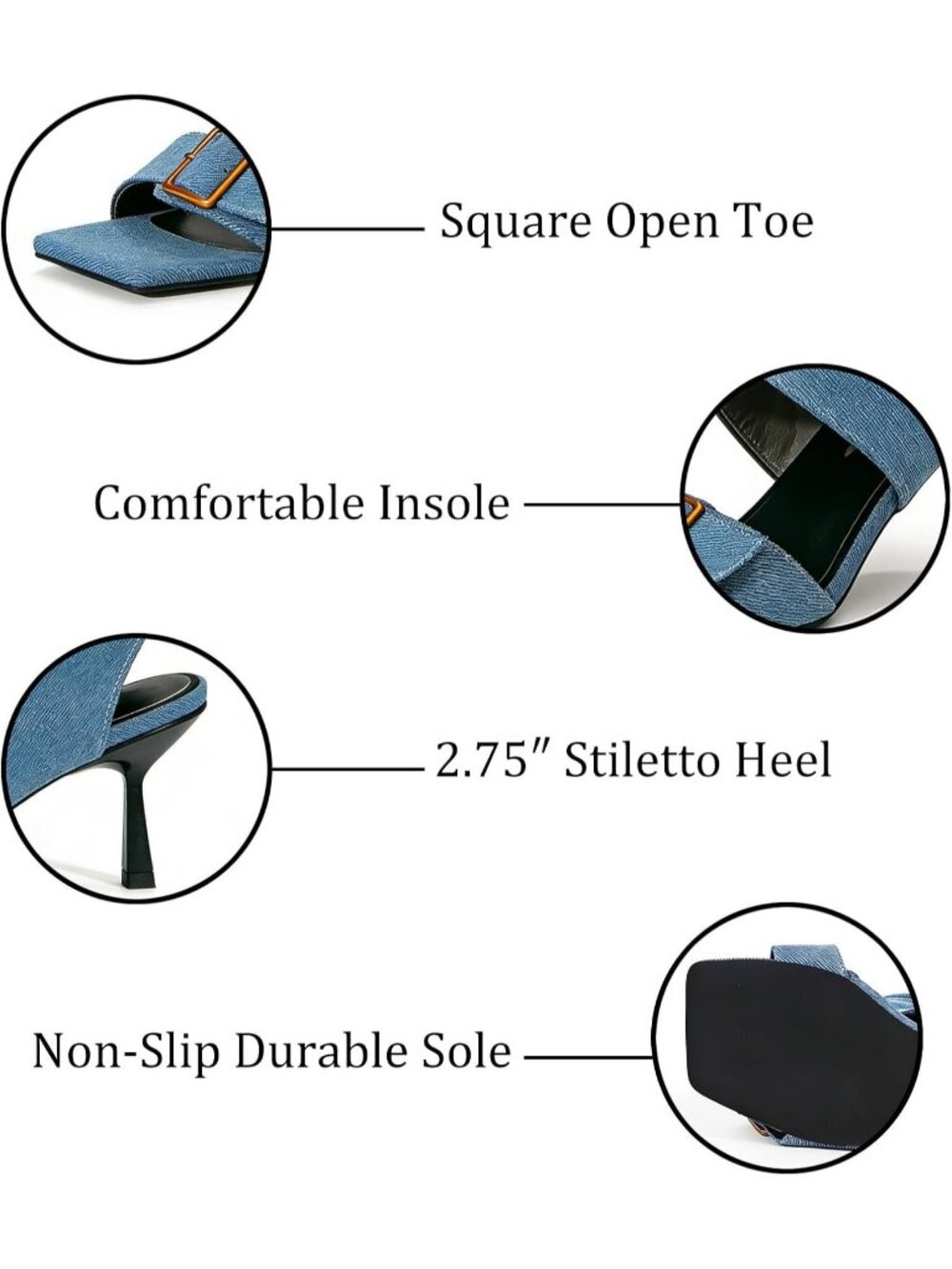 Women's Blue Faux Suede Belt Buckle Vintage Square Open Toe Slingback Low Heels - Picture 4 of 7